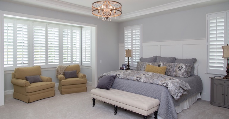 White shutters in Raleigh bedroom.